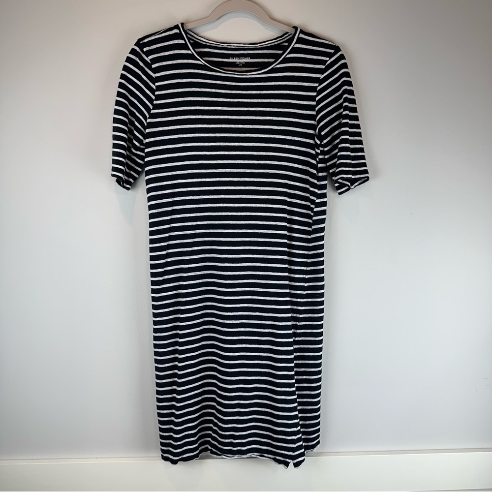 Eileen Fisher Black White Stripe 100% Organic Linen Short Sleeve Dress Small